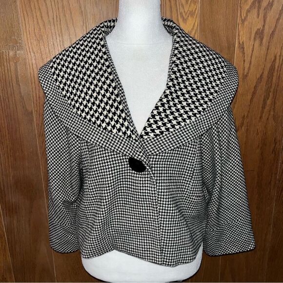 Cynthia Steffe Houndstooth Blazer 1 Button Wide Half Circle Collar Blk/Wht Y2K 8 - Picture 1 of 10